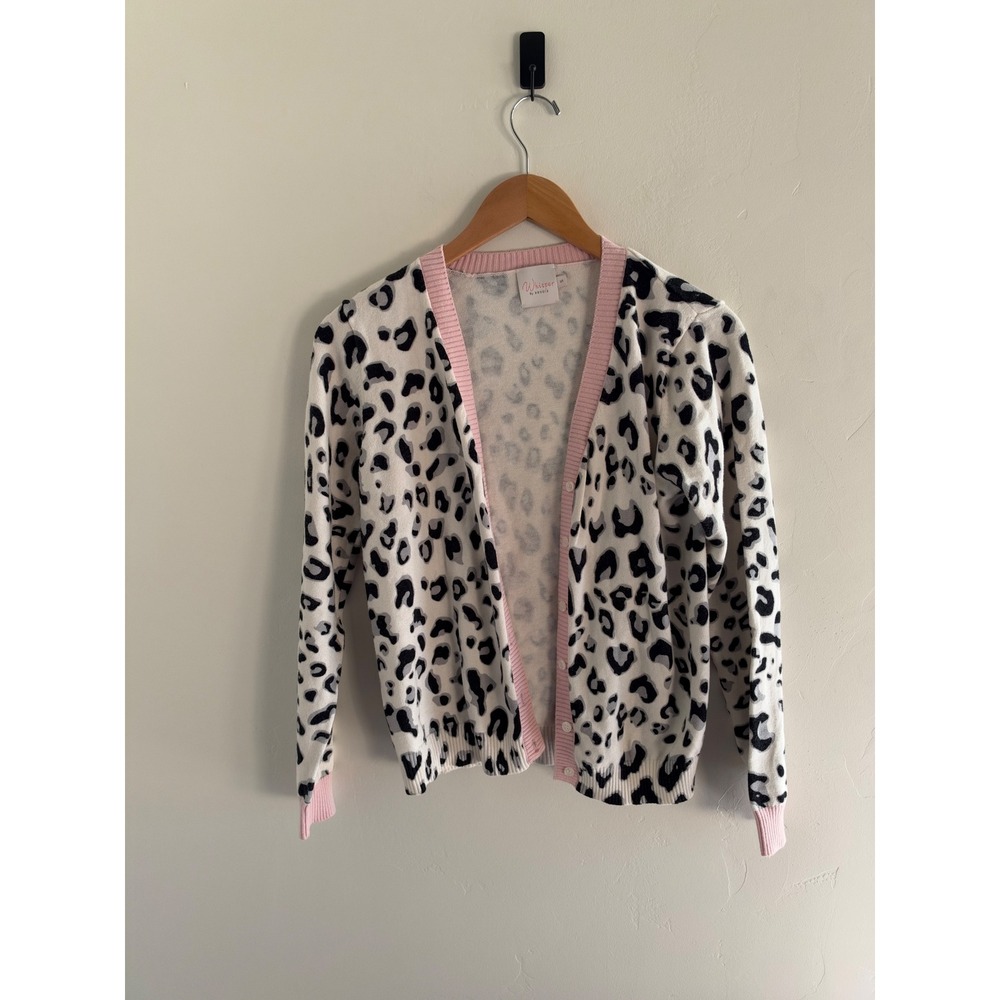Whisper By Brodie Womens Leopard Print Cardigan Sweater Pink Trim Size S
